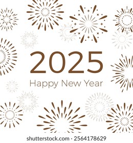 Happy New Year 2025 card. Vector illustration, simple flat design with text for banner, poster, card. Happy New Year 2025 banner. 2025 numbers and fireworks on white background 