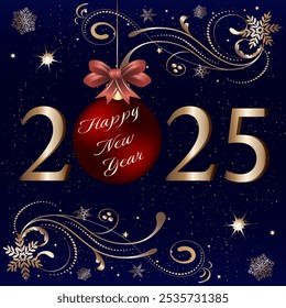 Happy New Year 2025 card.Vector illustration with New Year text in a ball and numbers on a colored background with golden decor.