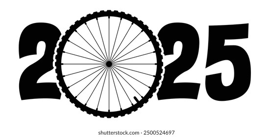 Happy new year 2025. Cartoon cycling wheels line pattern. Sport icon. Cyclist wheel logo or pictogram. Cycling or bike rims symbol. 2024 calendar, day.