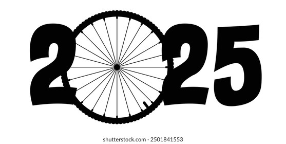 Happy new year 2025. Cartoon cycling wheels line pattern. Sport icon. Cyclist wheel logo or pictogram. Cycling or bike rims symbol. 2024 calendar, day.