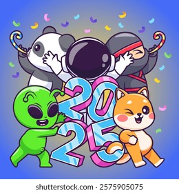 Happy New Year 2025 Celebrate Cartoon Vector Icon 
Illustration. Holiday People Icon Concept Isolated Premium 
Vector. Flat Cartoon Style 