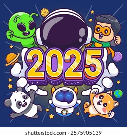 Happy New Year 2025 Celebrate Cartoon Vector Icon 
Illustration. Holiday People Icon Concept Isolated Premium 
Vector. Flat Cartoon Style