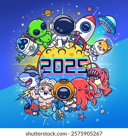 Happy New Year 2025 Celebrate Cartoon Vector Icon 
Illustration. Holiday People Icon Concept Isolated Premium 
Vector. Flat Cartoon Style 