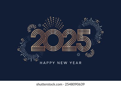 Happy New Year 2025 celebrating vector illustrations, golden numbers on a blue background with geometric patterns, easily editable. 