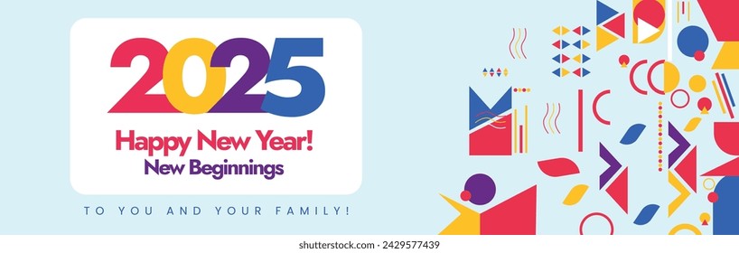 Happy New year 2025. New year 2025 celebration cover banner with abstract retro elements designs. 2025 celebration cover banner in colourful elements. 