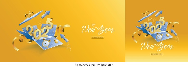 Happy new year 2025 celebration with open gift box and 3D number