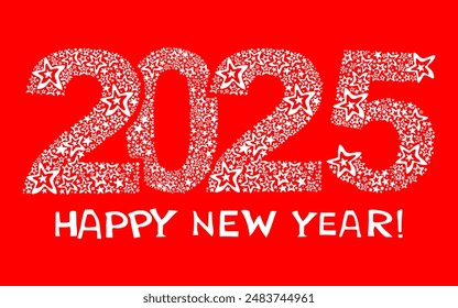 Happy new year 2025!  Celebration red background with stars and place for your text.  Art design celebrate party invitation template. Decorate numbers 2025 Horizontal banner. Vector illustration