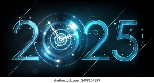 Frohes Neues Jahr 2025 Feier mit Blauem Licht abstrakte Uhr auf futuristischen Technologie Hintergrund, Countdown-Konzept, Kann Uhrzeiger drehen, Vektorgrafik