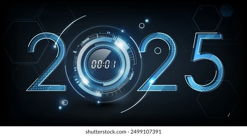 Happy New Year 2025 celebration with abstract digital clock on futuristic technology background, countdown concept, Can adjust digital number, vector illustration