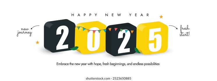 Happy New Year 2025. 2025 new year celebration cover banner, social media post, background, card with numbers written in 3D blocks in black and yellow colours. 