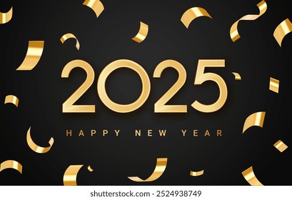 Happy new year 2025 celebration background. Festive christmas banner with falling confetti. 2025 golden 3d number with ribbons on black gradient background.
