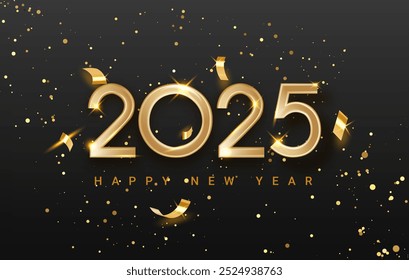 Feliz año nuevo 2025 Anuncio de fondo de celebración. Brillo dorado realista y confeti sobre fondo negro. Anuncio para vacaciones de Navidades.