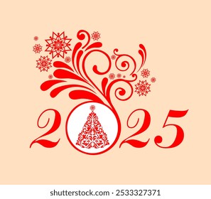 Happy new year 2025! Celebration background with Christmas tree, snowflakes and place for your text. Art design celebrate party invitation template. Decorate numbers 2025 Horizontal banner. Vector