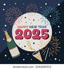 Happy New Year 2025 Celebration Vector with Fireworks, Champagne, and Festive Decor - Midnight Party Design