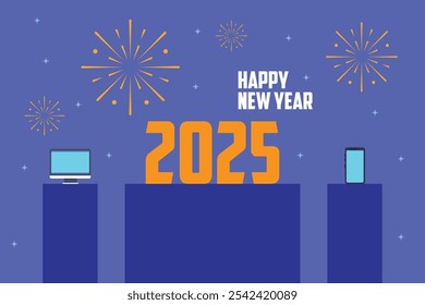 Feliz Año Nuevo 2025 Celebración con fuegos artificiales y Tecnología 2d Ilustraciones vectoriales planas