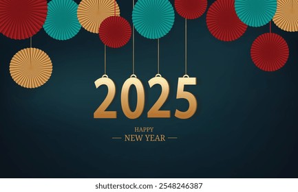 "Happy New Year 2025 Celebration Banner with Golden Hanging Numbers, Paper Fan Decorations in Red, and Gold on Dark Background, Perfect for Holiday Greetings, Invitations, Festive Designs"