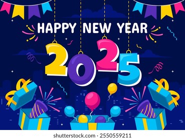 Happy New Year 2025 Celebration Vector Illustration featuring Trumpets, Fireworks, Ribbons and Confetti for a Festive National Holiday in a Background