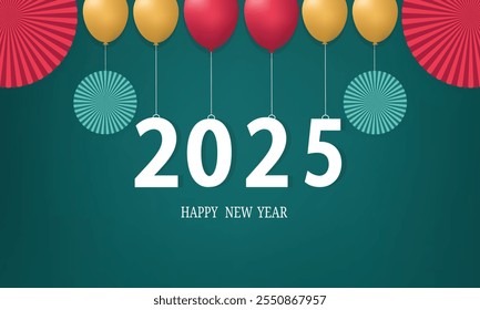 Happy New Year 2025 Celebration Background with Balloons, Numbers And Paper Fan for Festive Holiday Designs, celebration, Holiday Wishes, and New Year Cards and Seasonal Greetings.
