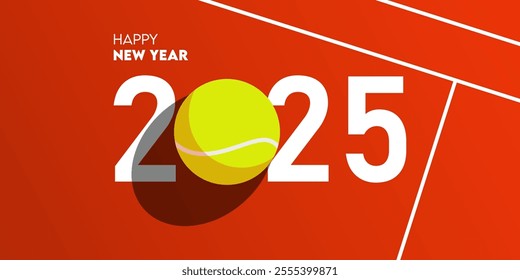 Happy new year 2025 celebration greeting card and social media post or banner design template in tennis or sport concept. Tennis ball on court. Vector Illustration.