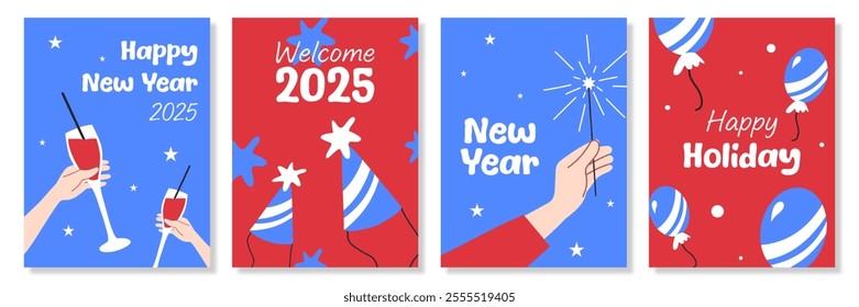 Happy New Year 2025. 2025 New Year celebration. Happy New Year 2025 on blue and red background. Cartoon Vector illustration Template, Poster, Banner, Greeting, Card, Flyer, Cover, Post. New year party