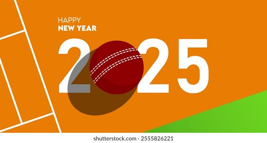 Happy new year 2025 celebration greeting card and social media post or banner design template in clicket or sport concept. cricket ball on court. Vector Illustration.