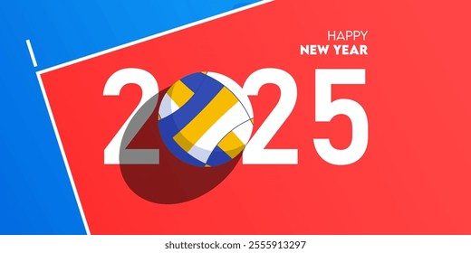 Happy new year 2025 celebration greeting card and social media post or banner design template in Volleyball or sport concept. Basketball ball on court. Vector Illustration.