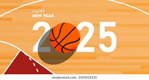 Happy new year 2025 celebration greeting card and social media post or banner design template in basketball or sport concept. Basketball ball on court. Vector Illustration.