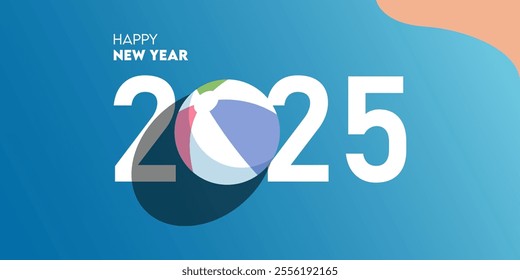 Happy new year 2025 celebration greeting card and social media post or banner design template in summer or travel concept. Beach ball on sea. Vector Illustration.