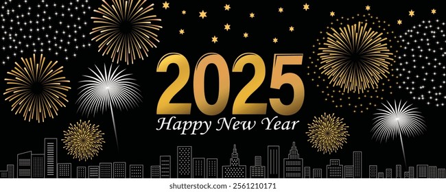 Happy New Year 2025 Celebration Banner with Golden Fireworks, City Skyline Silhouette on Black Background - Festive Greeting Card Design for Holiday Season, New Year's Eve Party Invitation