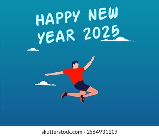 Happy New Year 2025 celebration design featuring a man joyfully jumping against a bright blue sky with clouds. Perfect for festive banners, greeting cards, and promotional materials