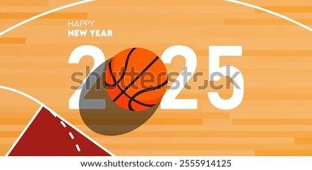 Happy new year 2025 celebration greeting card and social media post or banner design template in basketball or sport concept. Basketball ball on court. Vector Illustration.