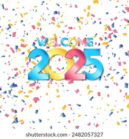 Happy New Year 2025 celebrations with multicolor paper blast in background illustration.