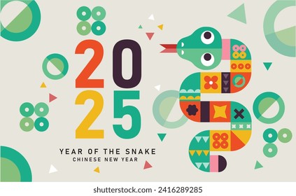 happy new year 2025, chinese new year, year of the snake, modern flat geometric style chinese zodiac snake