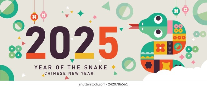 happy new year 2025, Chinese new year, year of the snake, Chinese zodiac snake in geometric flat modern style
