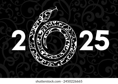 Happy new year 2025, Chinese new year, year of the green snake, Chinese zodiac snake in  flat modern style. Art design celebrate party invitation template. Decorate numbers 2025. Vector Illustration