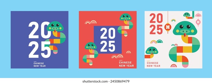 happy new year 2025, chinese new year 2025, year of the snake, modern flat geometric style, chinese zodiac snake