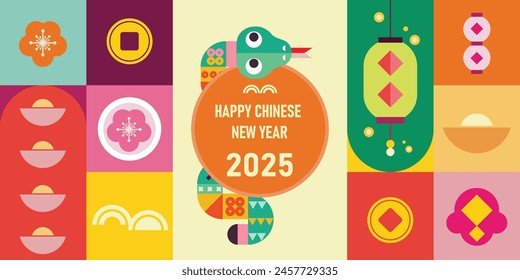 happy new year 2025, chinese new year, year of snake vector Modern minimalist geometric style Chinese new year elements. Colorful illustration in flat vector cartoon style, in geometric patterns