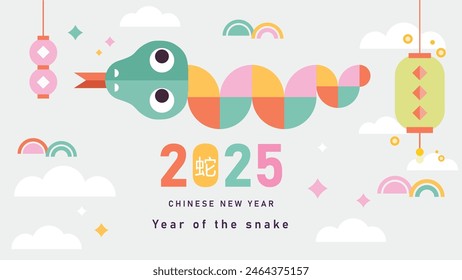 feliz año nuevo 2025, año nuevo chino, año de la serpiente, serpiente del zodiaco chino en estilo moderno plano geométrico (traducción al chino: serpiente)