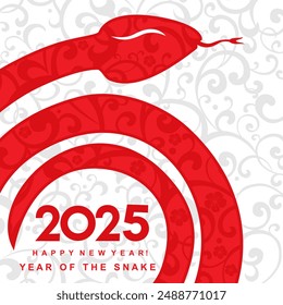 Happy new year 2025, Chinese new year, year of the snake, Chinese zodiac snake in  flat modern style. Art design celebrate party invitation template. Decorate numbers 2025. Vector Illustration