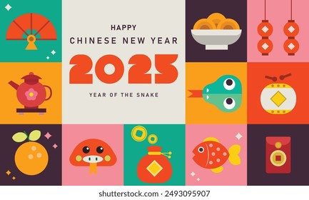 happy new year 2025, chinese new year, year of snake vector Modern minimalist geometric style Chinese new year elements. Colorful illustration in flat vector cartoon style, in geometric patterns