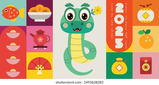 happy new year 2025, Chinese new year, year of snake vector Modern minimalist geometric style Chinese new year elements. Colorful illustration in flat vector cartoon style, in geometric patterns