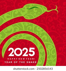 Happy new year 2025, Chinese new year, year of the green snake, Chinese zodiac snake in  flat modern style. Art design celebrate party invitation template. Decorate numbers 2025. Vector Illustration