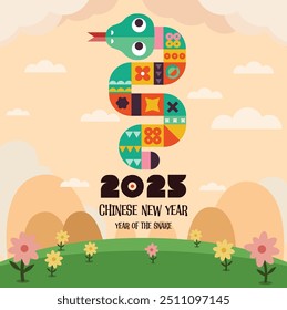 happy new year 2025, Chinese new year, year of the snake, Chinese zodiac snake in geometric flat modern style