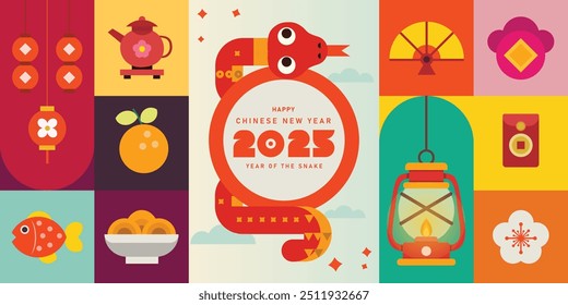 happy new year 2025, chinese new year, year of snake vector Modern minimalist geometric style Chinese new year elements. Colorful illustration in flat vector cartoon style, in geometric patterns