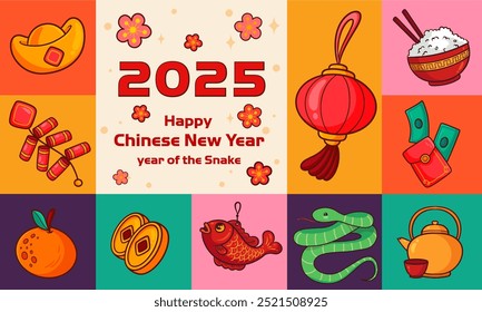 happy new year 2025, chinese new year, year of snake vector Modern minimalist geometric style Chinese new year elements. Colorful illustration in flat vector cartoon style, in geometric patterns