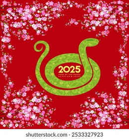 Feliz ano novo 2025, Ano novo chinês, ano da cobra verde, cobra zodíaco chinês em estilo moderno plano. Design de arte comemorar o convite da festa modelo. Decore números 2025.  Ilustração de vetor