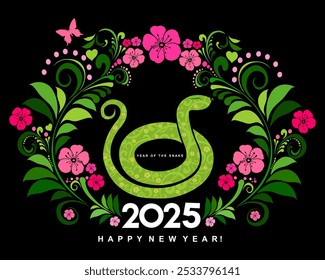 Happy new year 2025, Chinese new year, year of the green snake, card in  flat modern style. Art design celebrate party invitation template. Decorate numbers 2025. Magical snak vector  Illustration