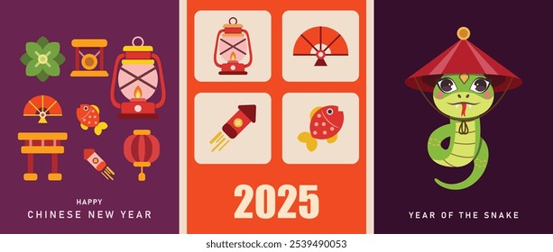 Feliz Ano Novo 2025, Ano Novo Chinês 2025 da Serpente. , design moderno, férias. Vetor colorido ilustração geométrica estilo cartoon