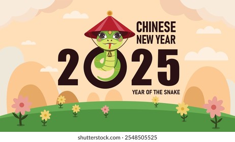 feliz año nuevo 2025, 2025 Año nuevo chino, año nuevo lunar de la serpiente Estilo geométrico minimalista moderno, ilustración colorida en estilo de dibujos animados de Vector plano, en patrones geométricos