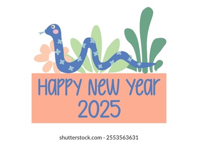 Happy new year 2025, Chinese new year, year of the snake, zodiac colorful snake in flat modern illustration style.Nature green leaf tropical background.Folk,boho,American, Mexican,African decor design